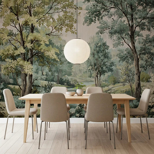Sage green woodland mural with painted river and white wildflowers in dining room