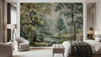 Woodland landscape wall mural with river painted in soft greens and earthy tones
