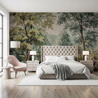 Vintage painted river retreat mural with trees foliage and wildflower clusters