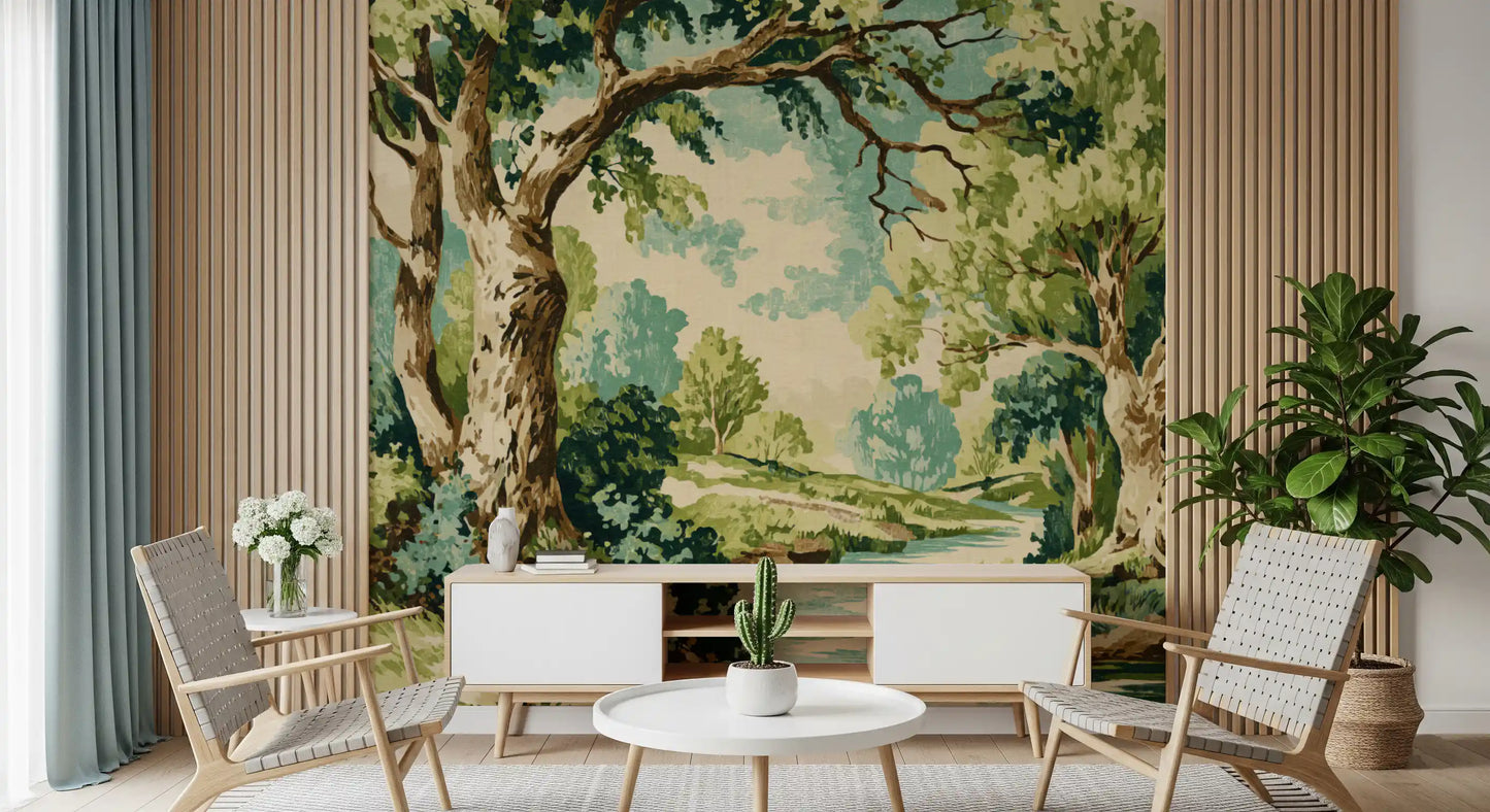 Tapestry-style forest wall mural in sage, forest green, cream, and warm brown tones