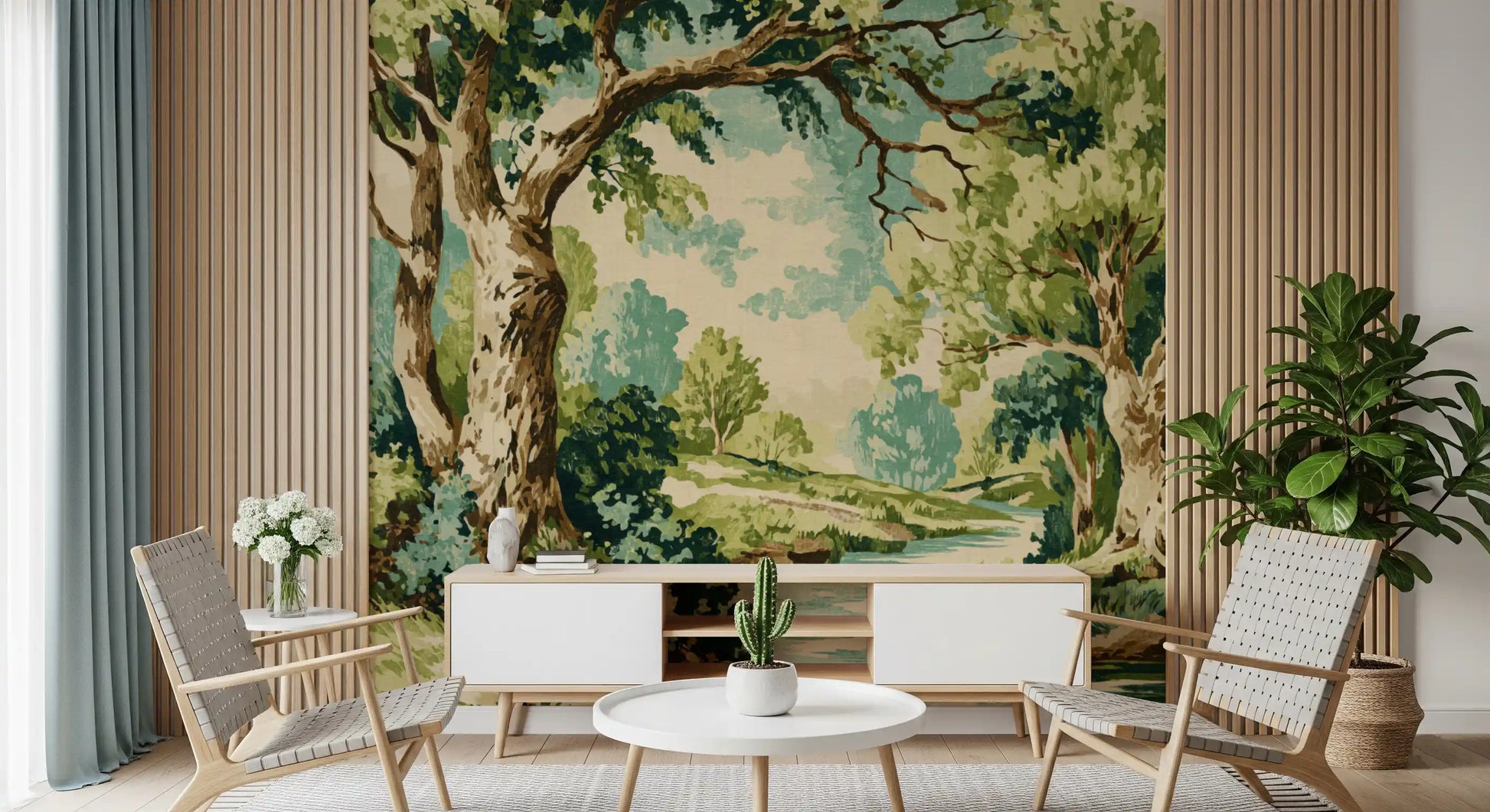 Tapestry-style forest wall mural in sage, forest green, cream, and warm brown tones