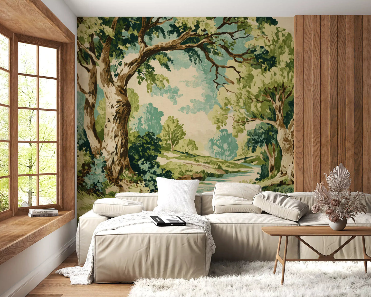 Tranquil forest stream wall mural with mature trees arching over a winding stream and soft cream meadows