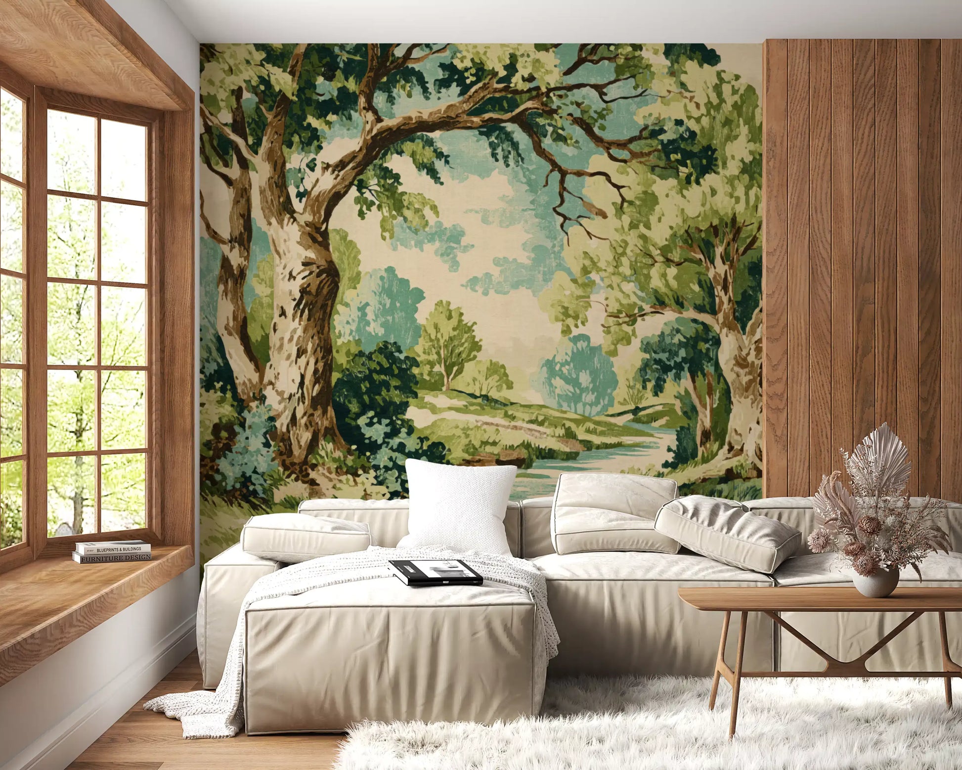 Tranquil forest stream wall mural with mature trees arching over a winding stream and soft cream meadows
