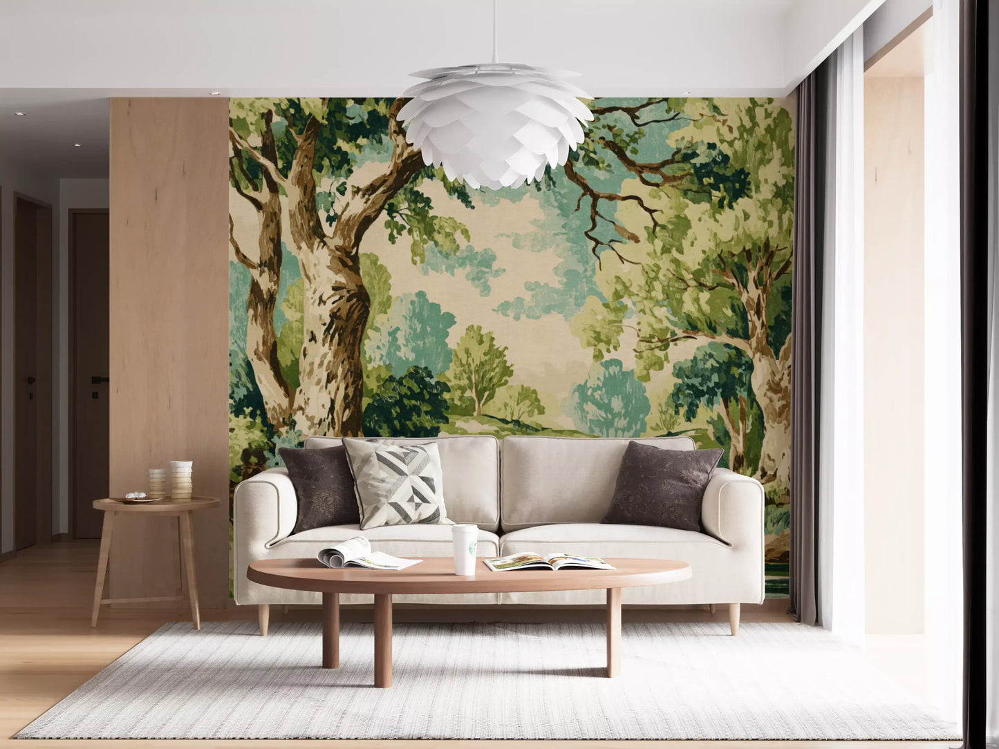 Vintage forest mural used in a living room with painterly trees and a winding stream