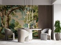 Vintage woodland mural in forest green, sage, cream, teal and warm brown tones.