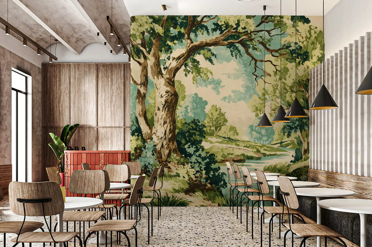 Woodland landscape mural in a cafe with cream sky and sage greenery