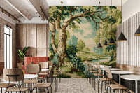 Woodland landscape mural in a cafe with cream sky and sage greenery