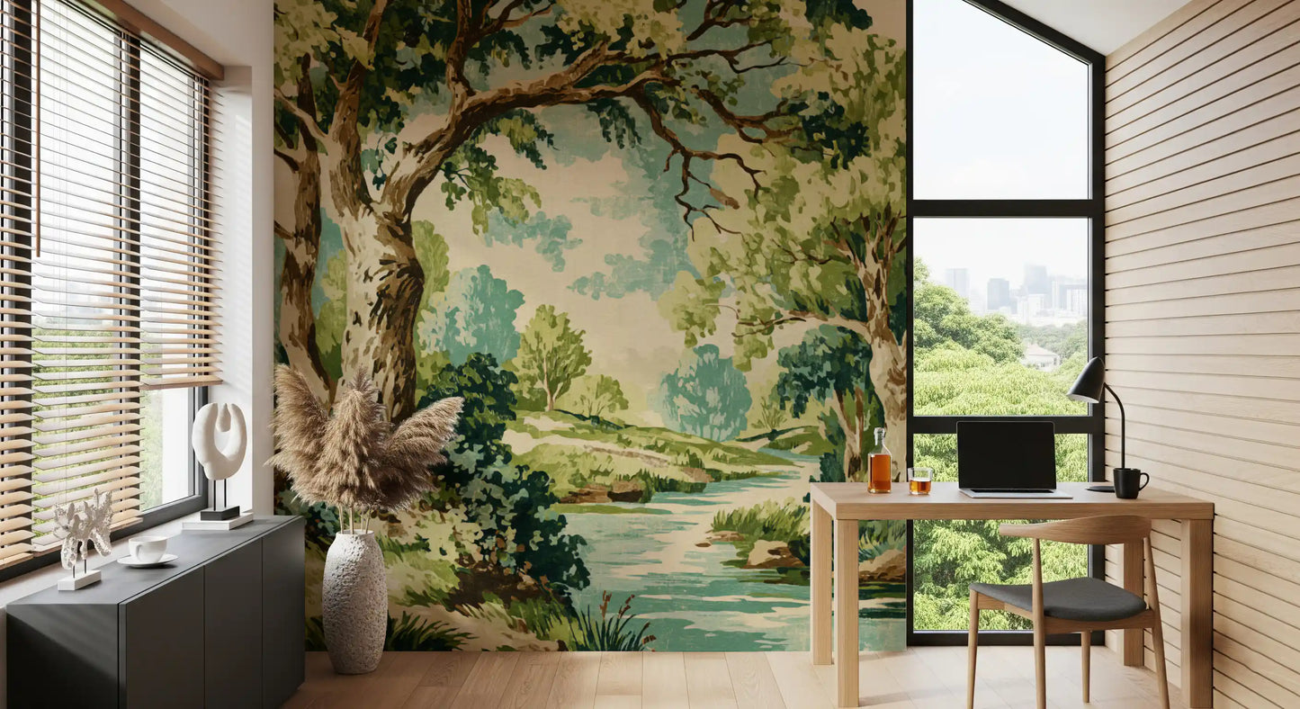 Vintage woodland mural in a study with mature trees, soft teal stream, and sage foliage