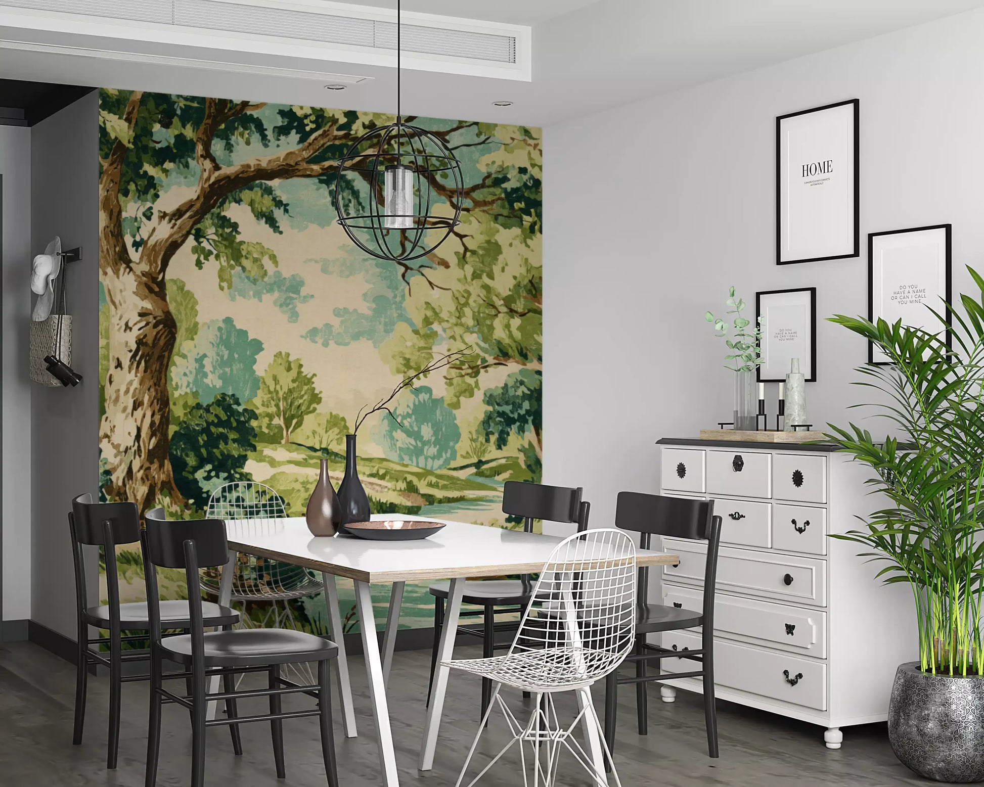 Woodland landscape mural applied in a dining room with cream sky and sage greenery.