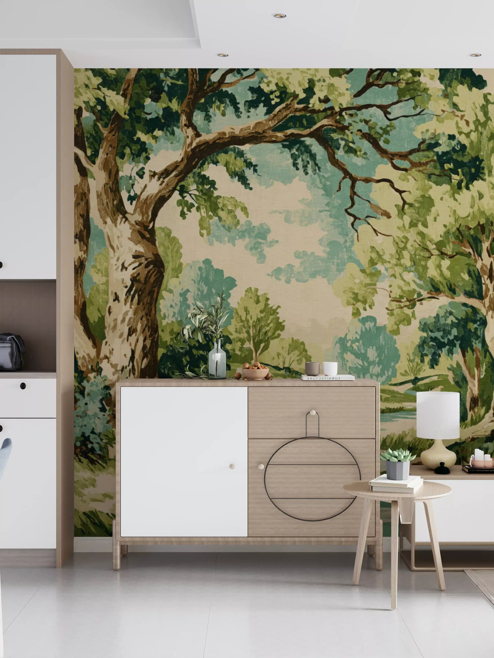 Tranquil forest stream mural in a hallway with arching trees and a flowing stream