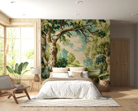 Painterly texture wall mural with mature trees, distant hills and a calm stream.