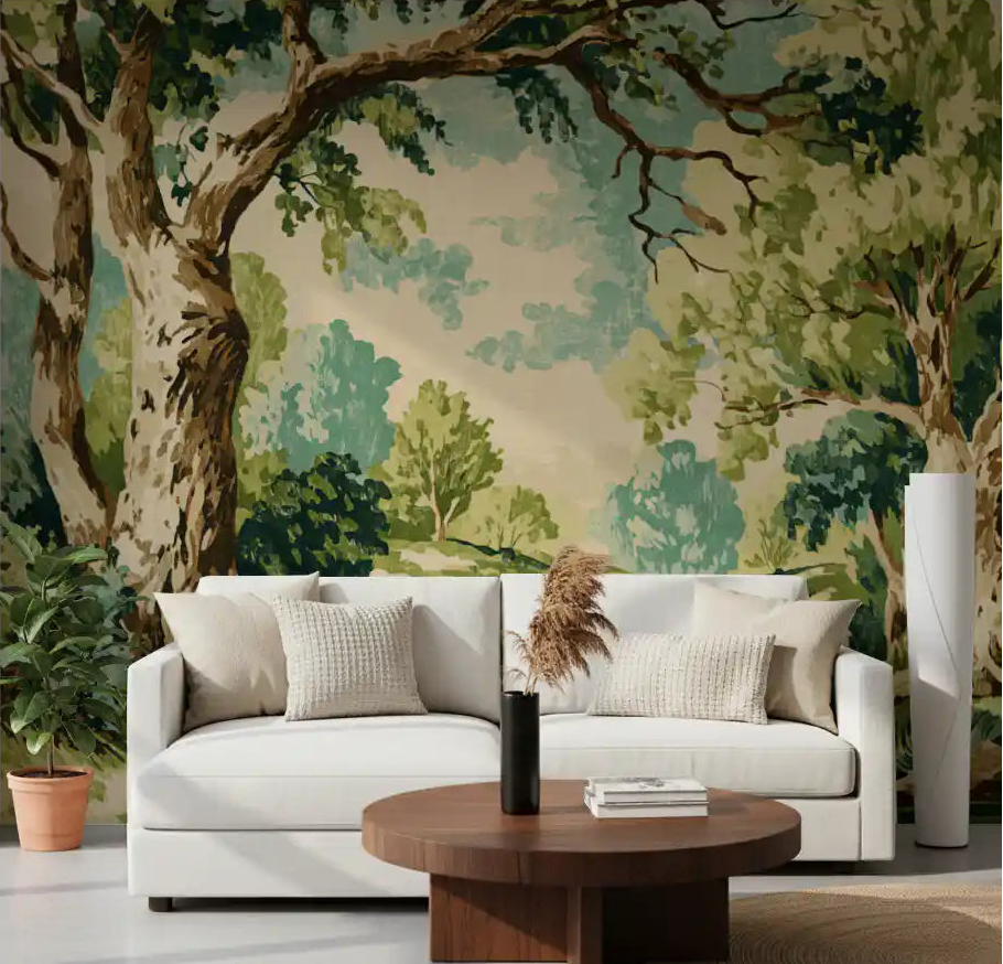 Forest stream mural installed in a living room as a feature wall scene, GD10032