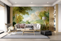 Painted nature wall mural showing forest, hills and soft cloudy sky.
