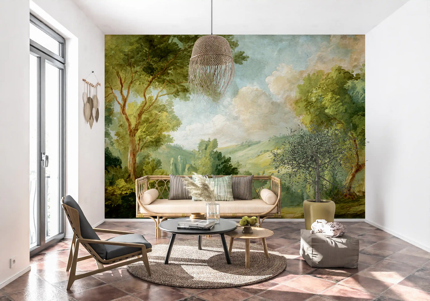 Classic landscape mural with tall trees and distant green slopes.