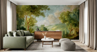 Green landscape wall mural for living room with trees and hills.
