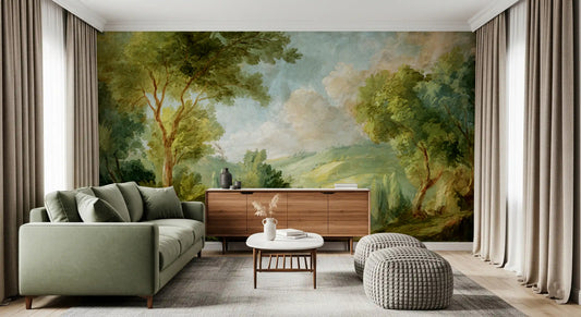 Green landscape wall mural for living room with trees and hills.