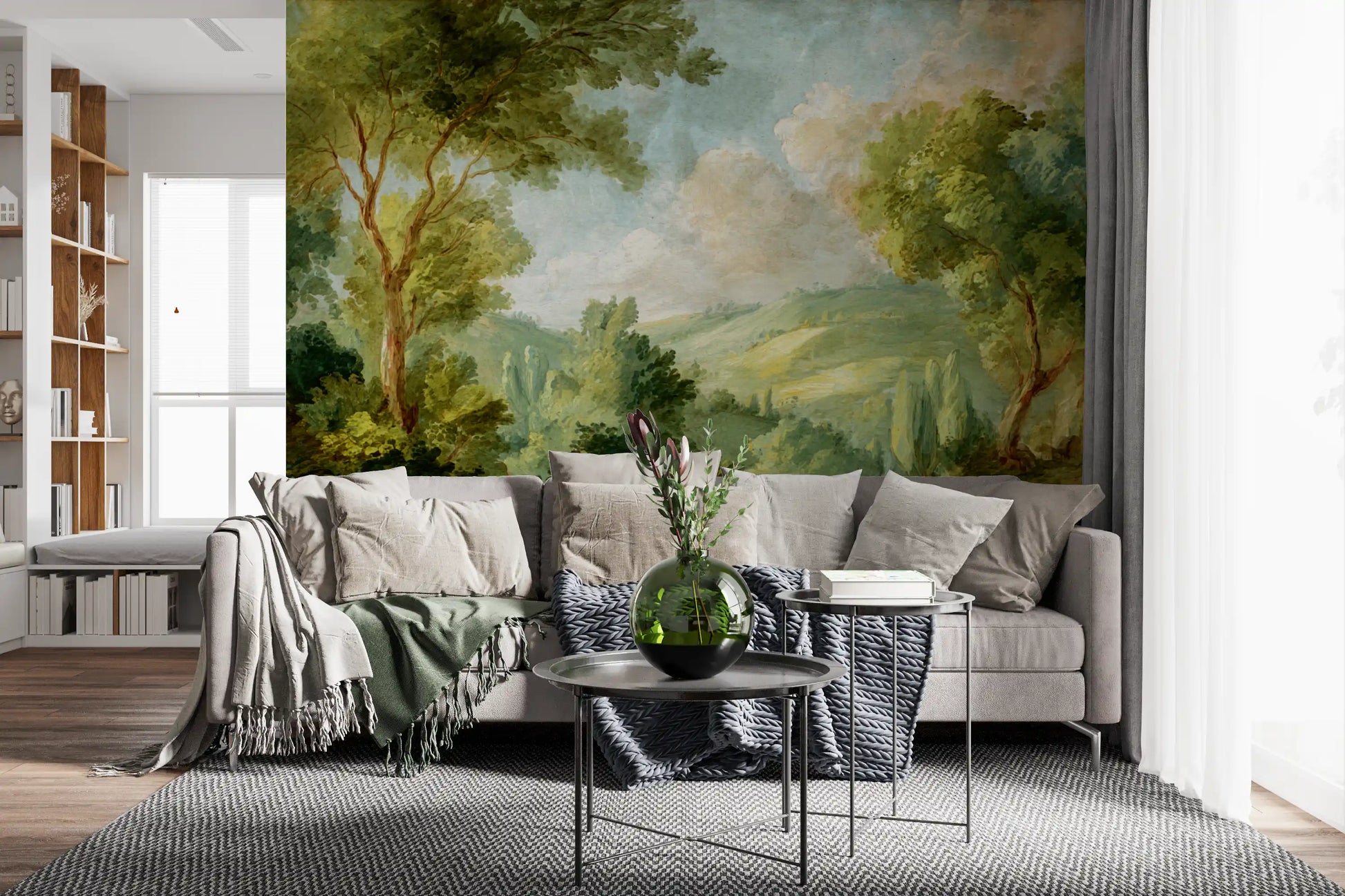 Old world landscape wall mural with foliage, hills and pastel sky

