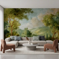 Forest landscape mural in living room with painterly nature scene.
