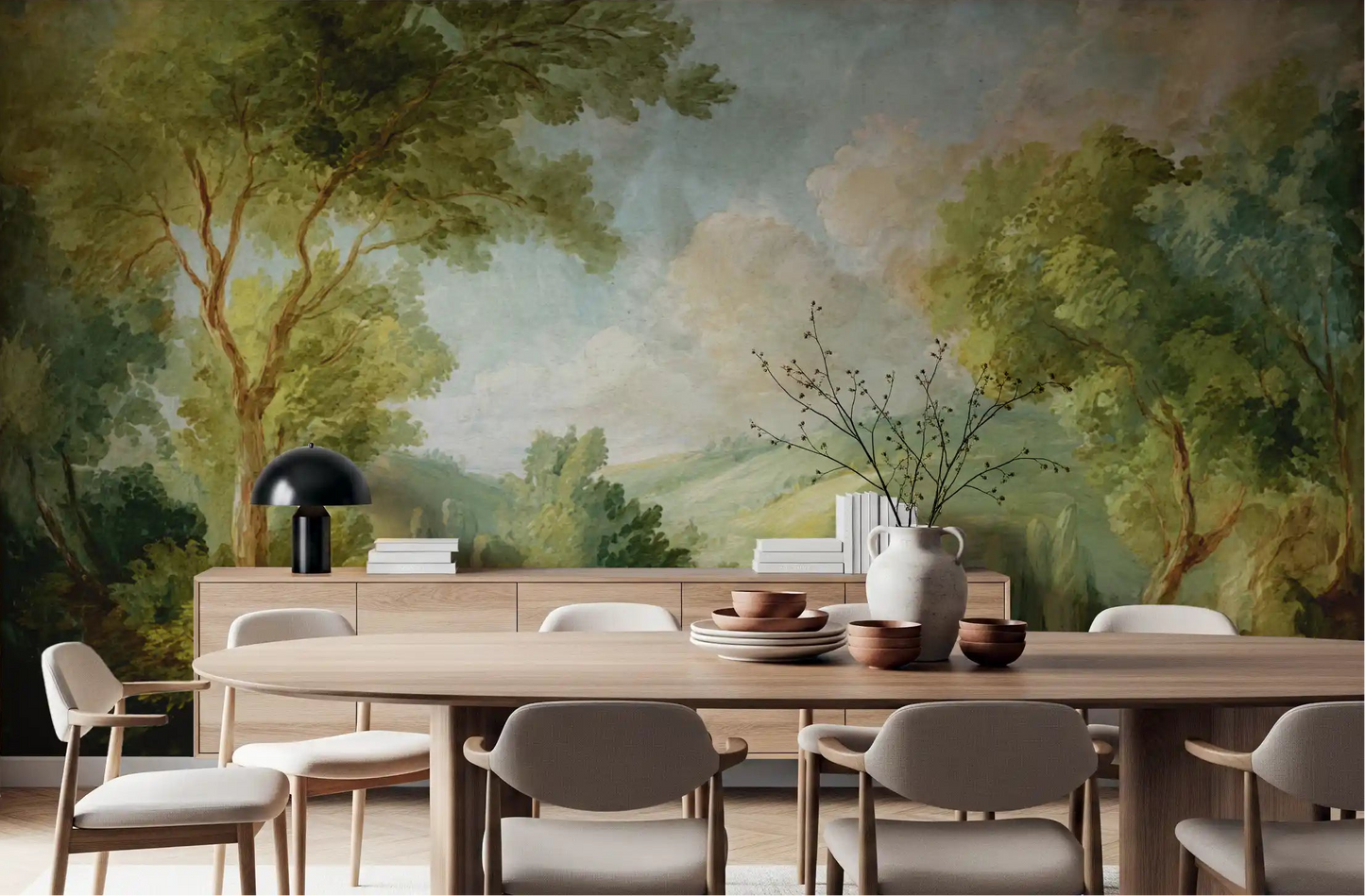 Green nature mural in dining room with trees and cloudy sky.