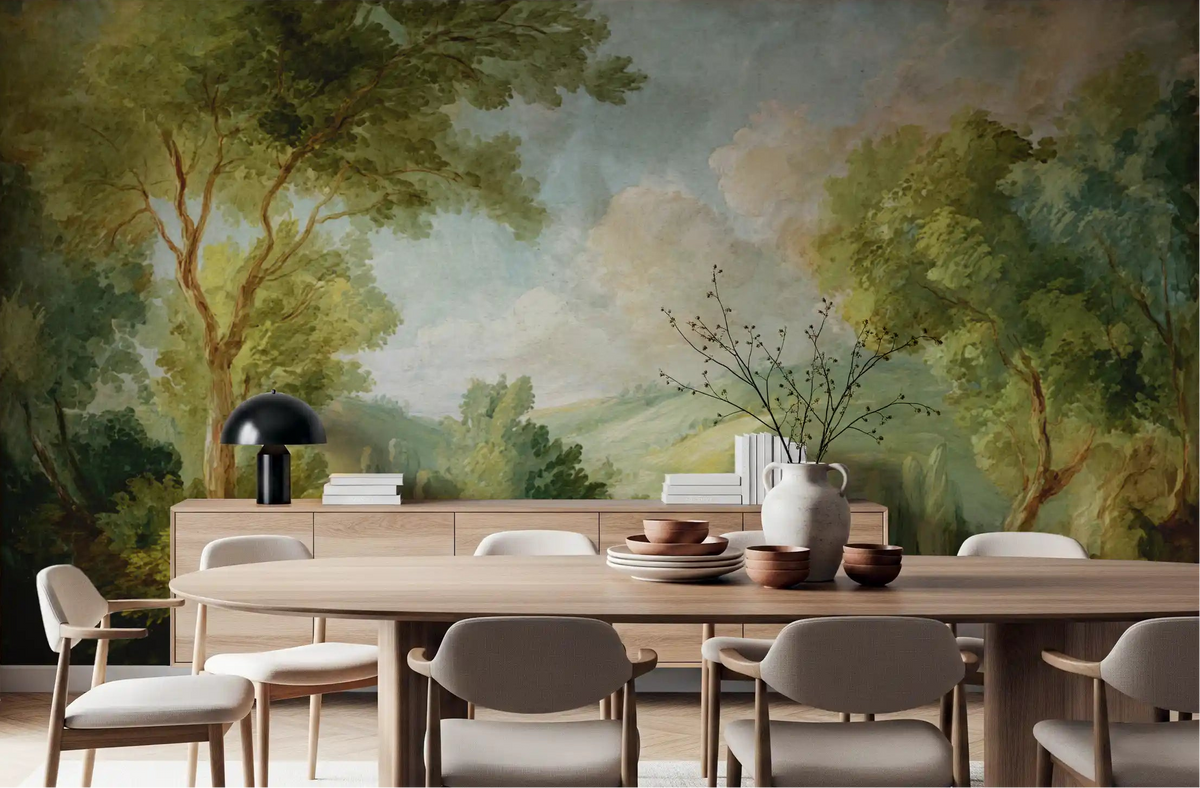 Green nature mural in dining room with trees and cloudy sky., GD10033
