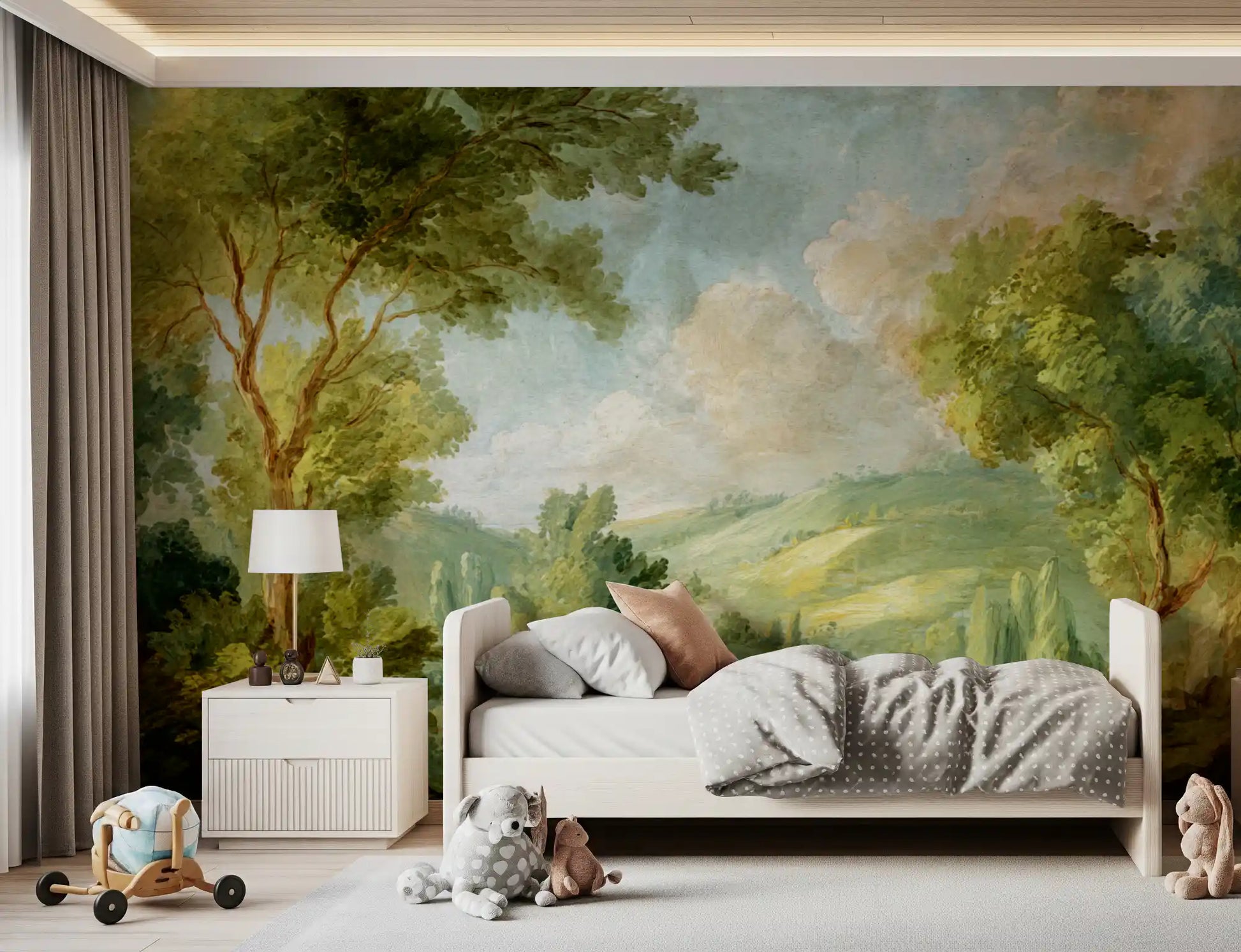 Landscape forest wall mural for kids bedroom with painterly view.
