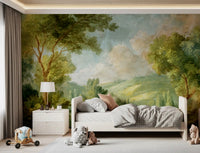 Landscape forest wall mural for kids bedroom with painterly view.
