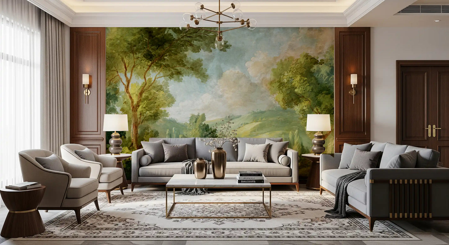Painted countryside wall mural for hallway with classic art style.
