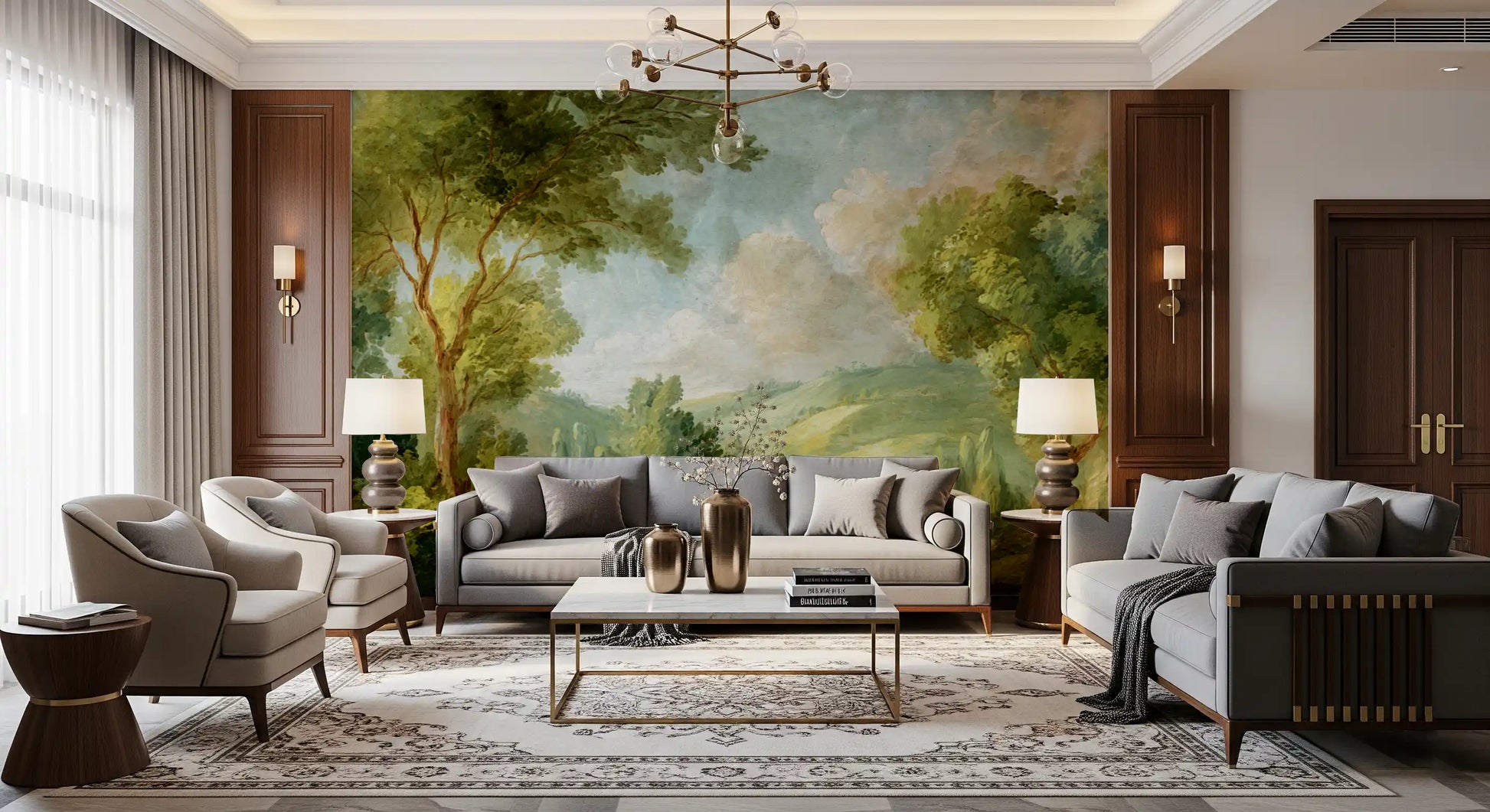 Painted countryside wall mural for hallway with classic art style.