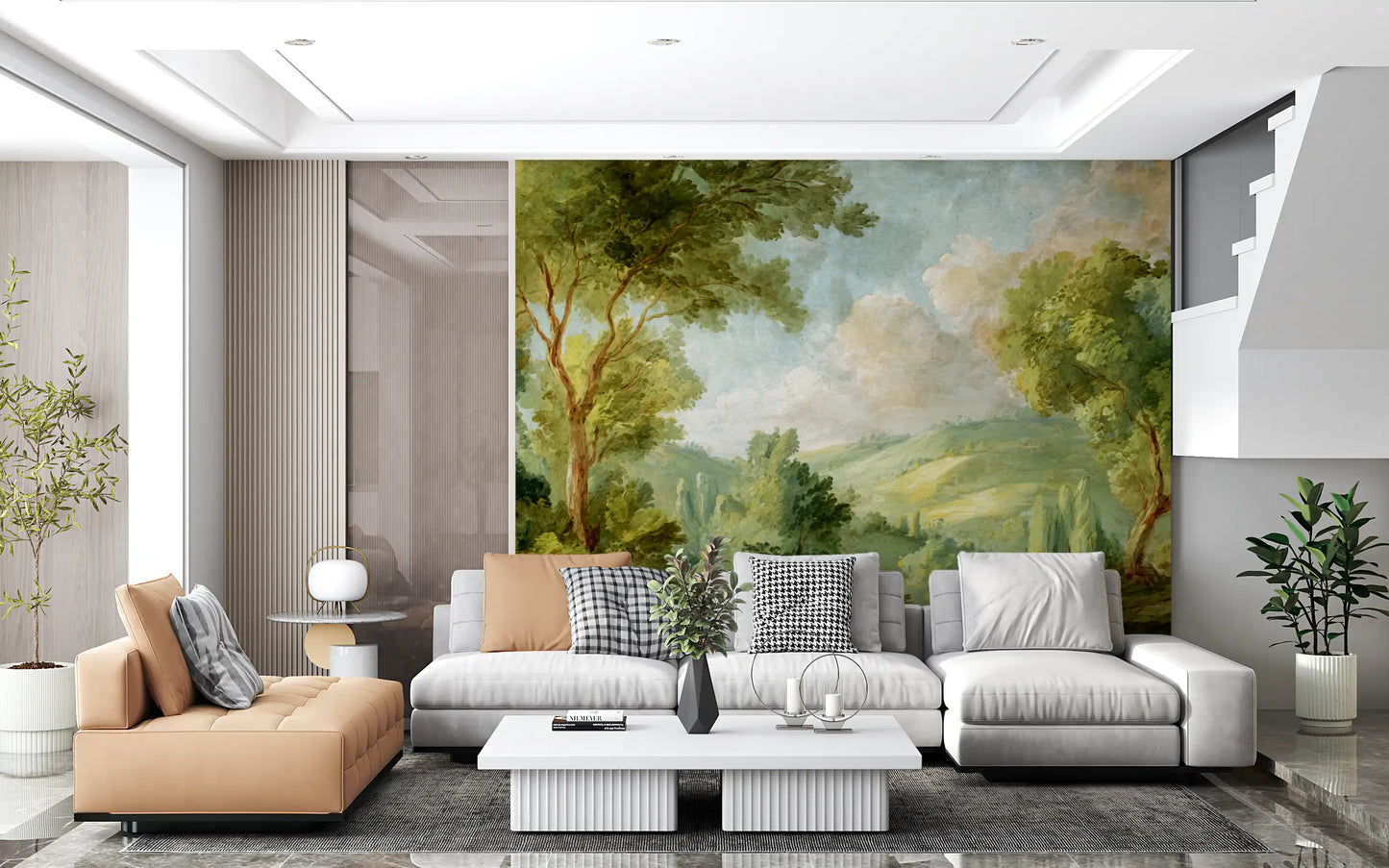 Green landscape wall mural with painterly trees and rolling hills
