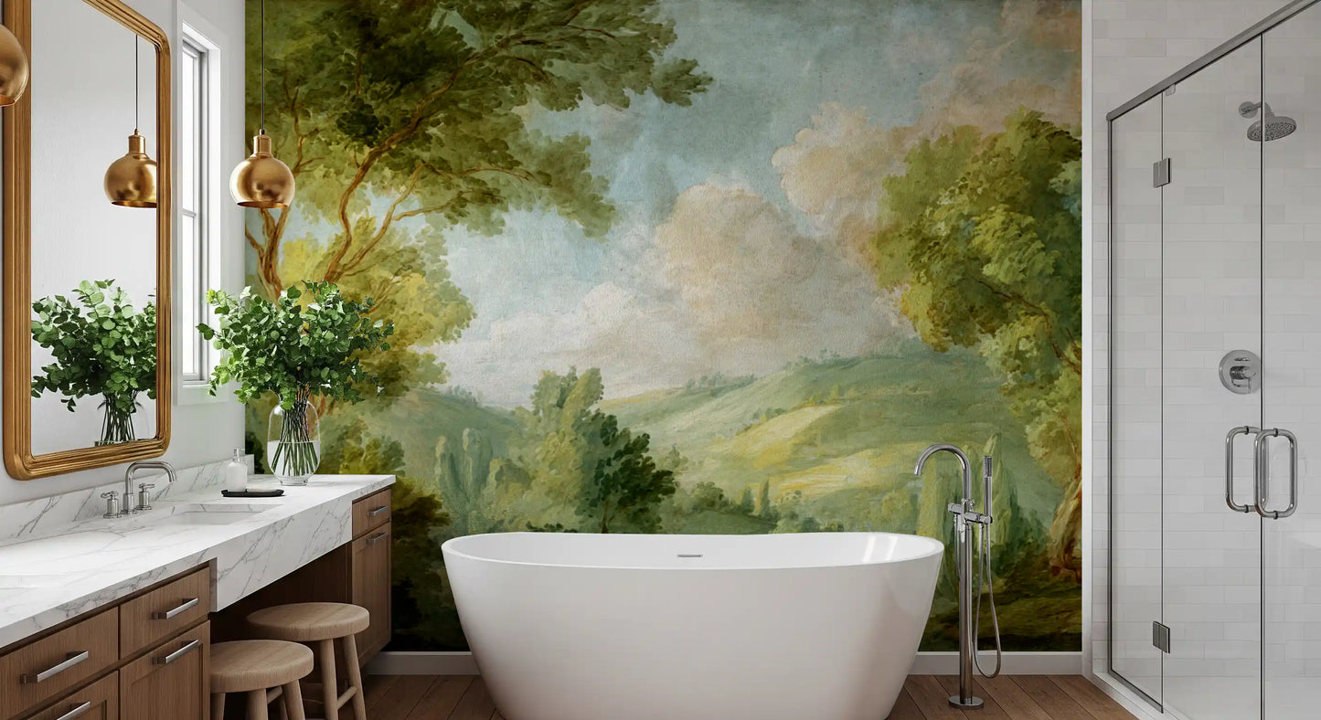 Painterly forest mural in sage, peach, brown and blue tones.