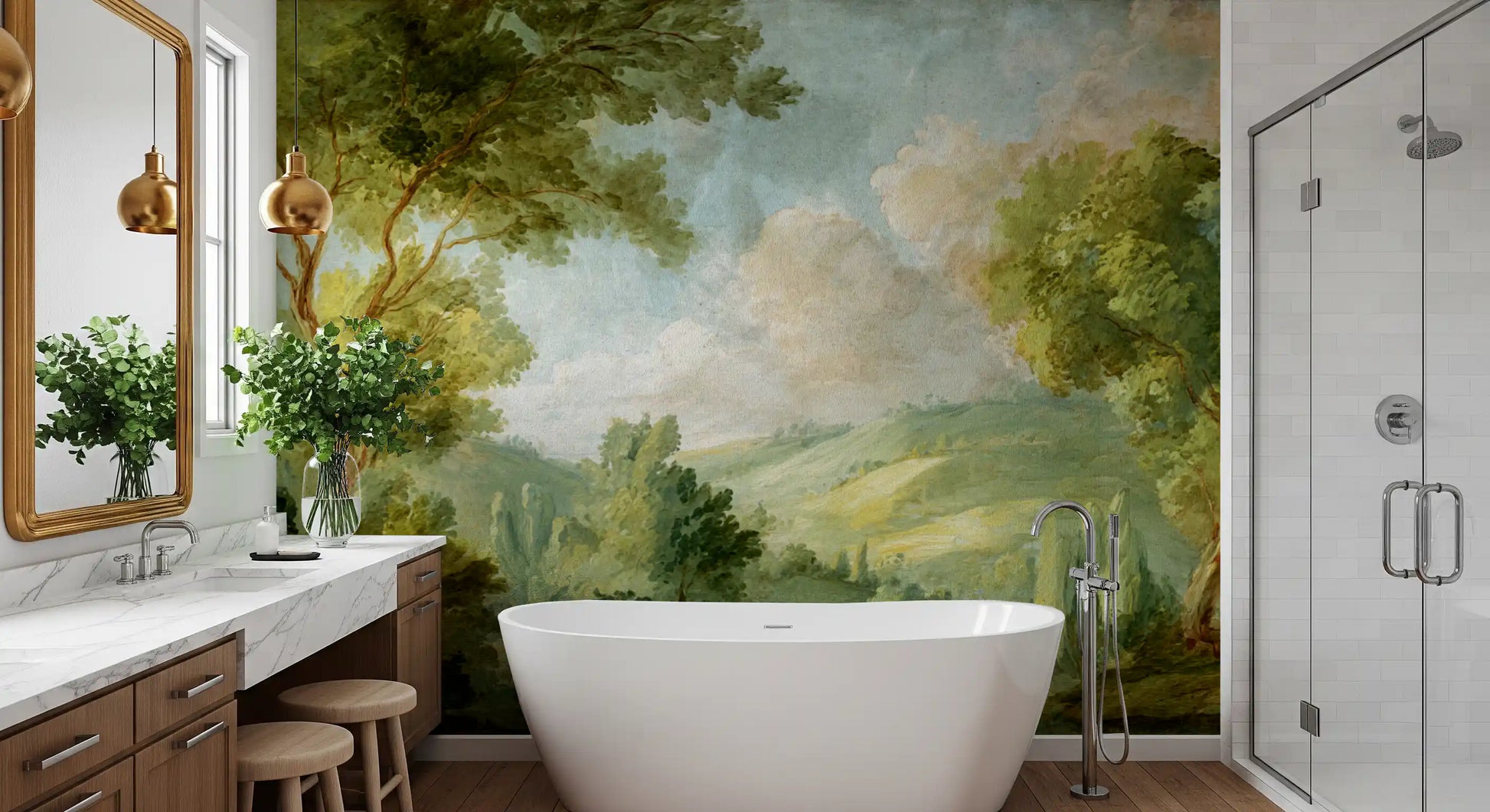 Painterly forest mural in sage, peach, brown and blue tones.