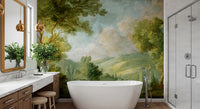 Painterly forest mural in sage, peach, brown and blue tones.