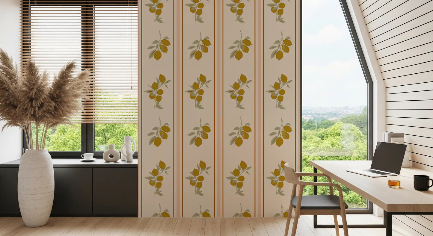 Olive-green leaves and warm yellow lemons sketched in a casual style on this Mediterranean wallpaper panel.
