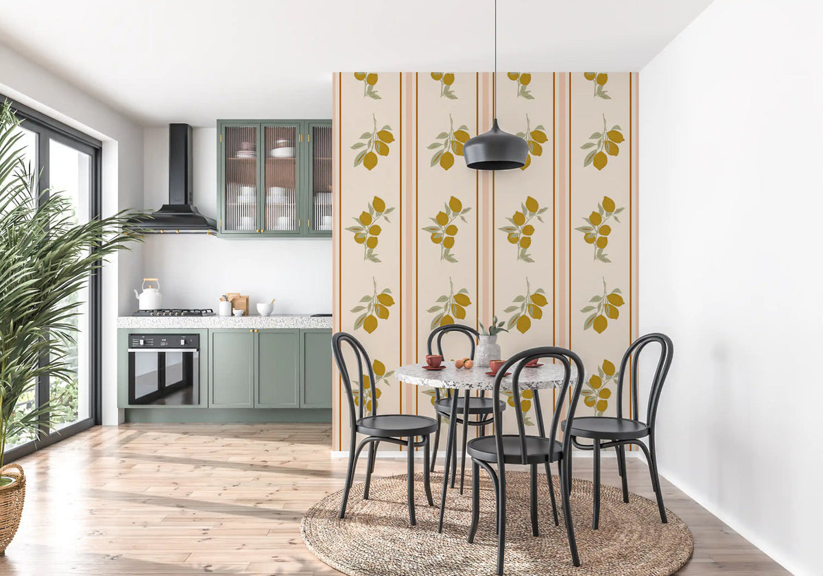 Vertical wallpaper panel with two lemon-and-olive sprigs stacked above a slim brown border line., GD10034