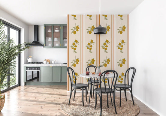Vertical wallpaper panel with two lemon-and-olive sprigs stacked above a slim brown border line., GD10034