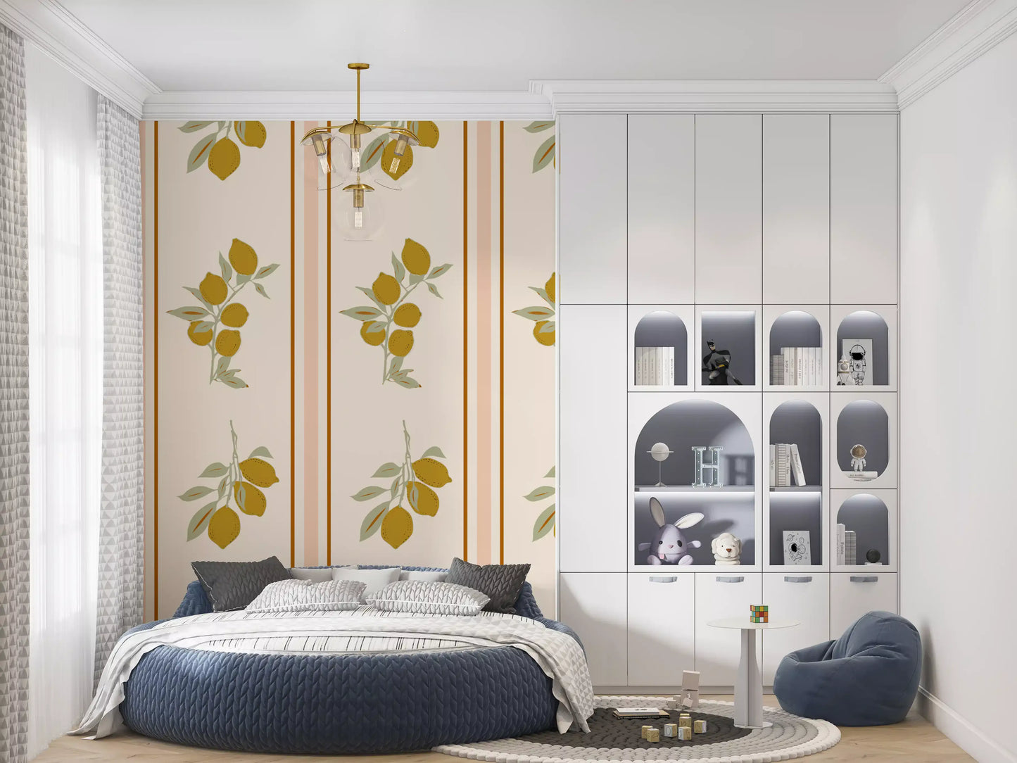 Lemon and olive leaf wallpaper with pale wood trim in kids bedroom.
