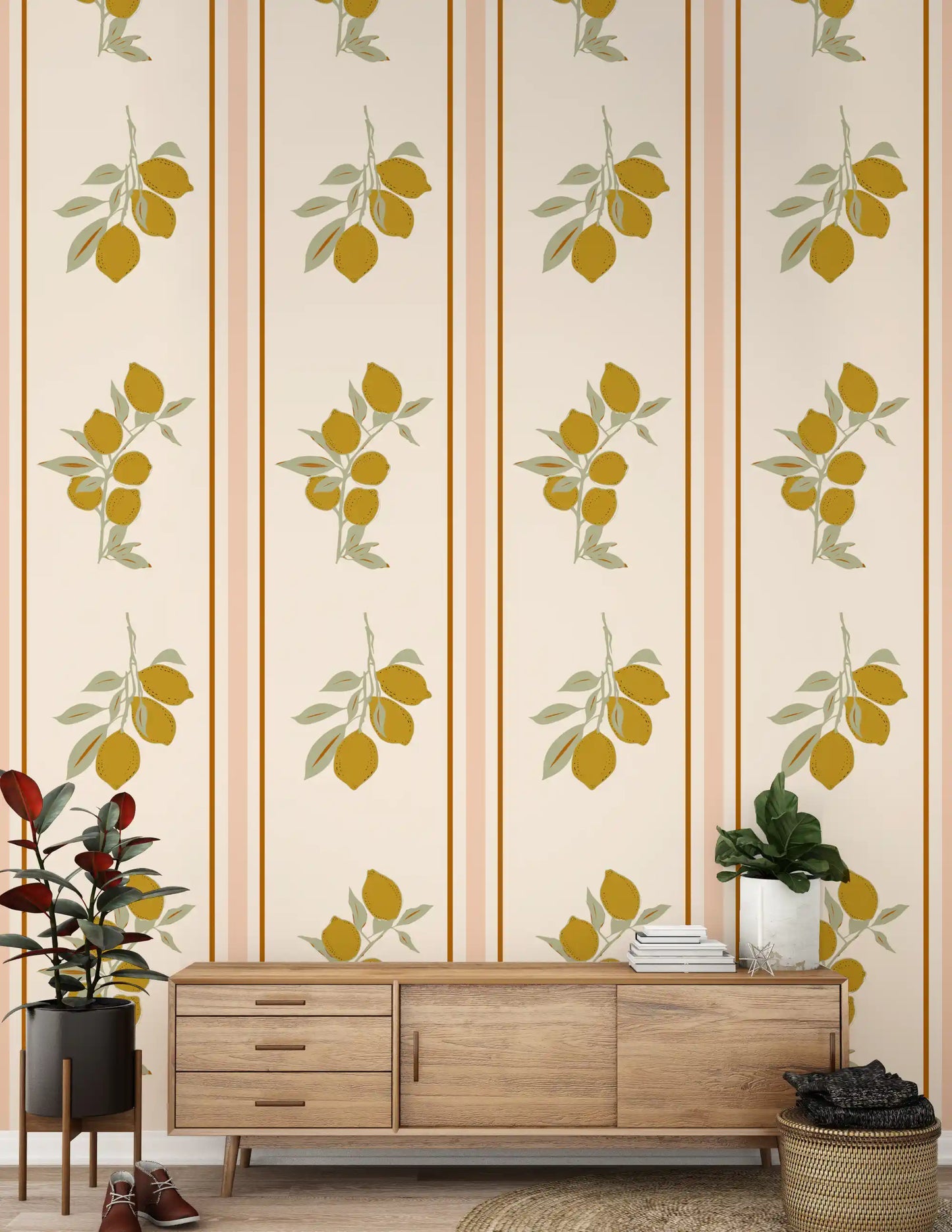 Lemon branch wallpaper in beige tone and leaves for hallway backdrop.