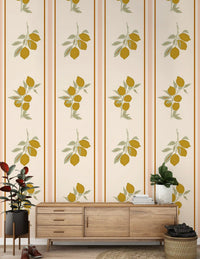 Lemon branch wallpaper in beige tone and leaves for hallway backdrop.