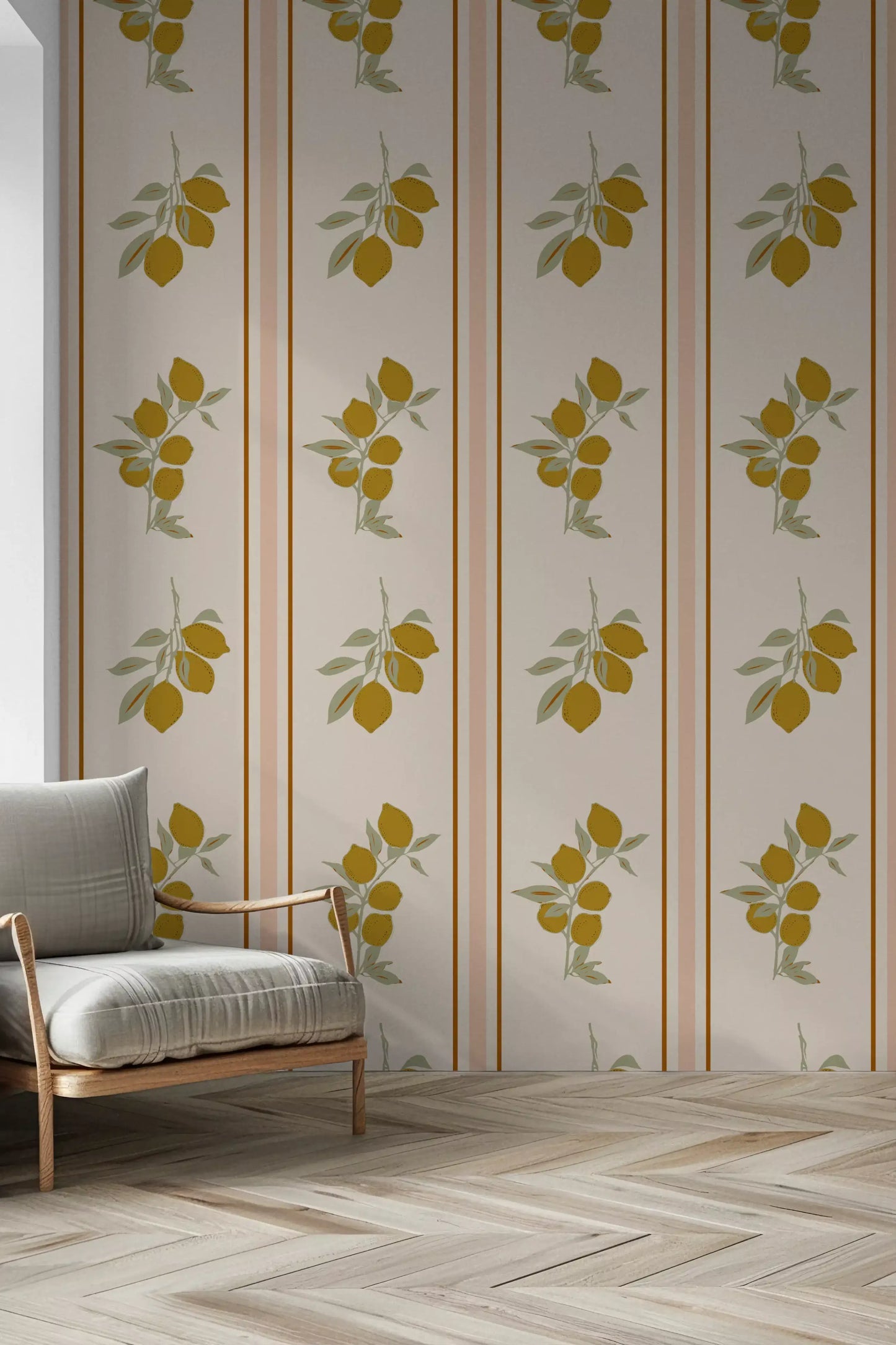 Hallway with terracotta tiles and a wicker armchair against Mediterranean lemon branch wallpaper.