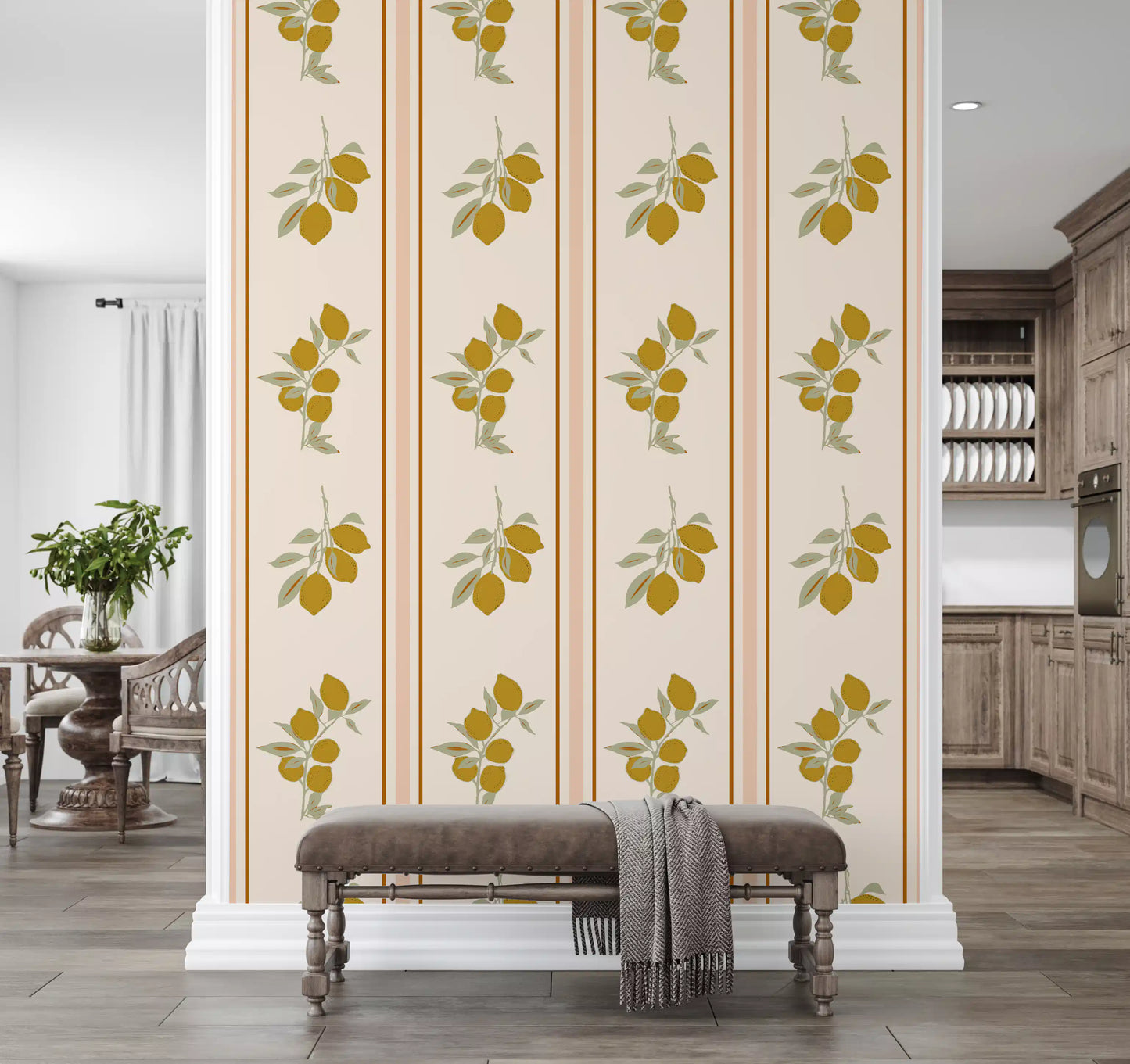 Mediterranean lemon branch wallpaper showing five ripe fruits clustered around a small green twig at the top.