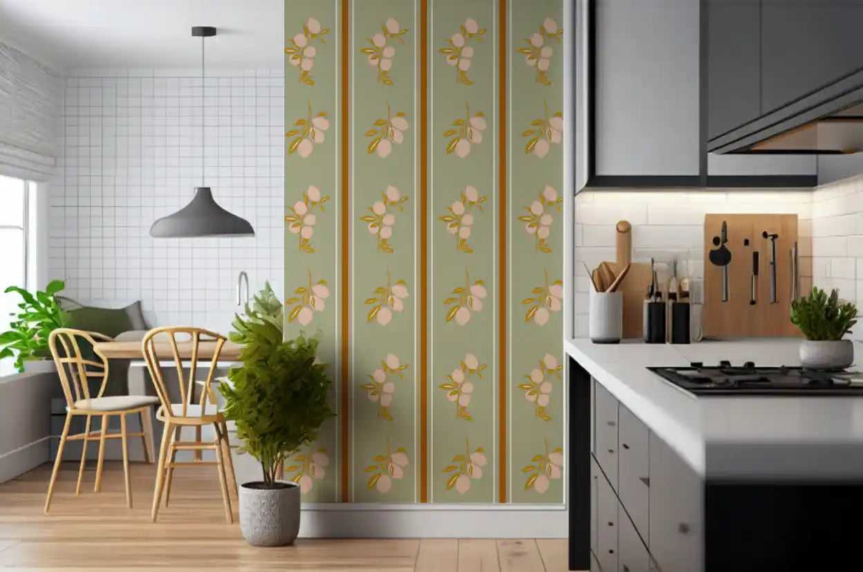 Mediterranean lemon wallpaper for a dining room wall.