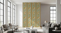 Sage green botanical wallpaper featuring lemon branch motifs.