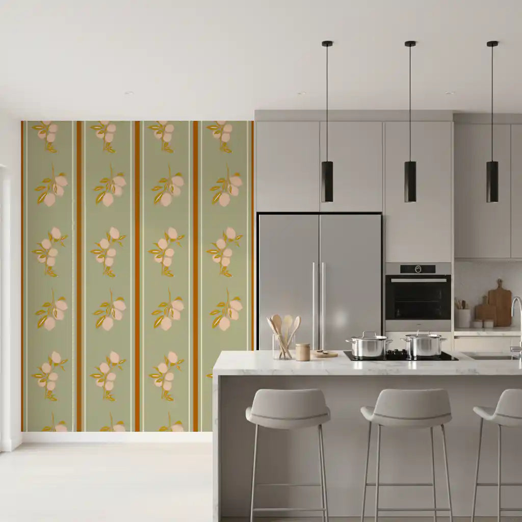 Retro botanical print wallpaper with ochre foliage and rust orange stripes.