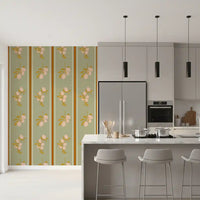 Retro botanical print wallpaper with ochre foliage and rust orange stripes.