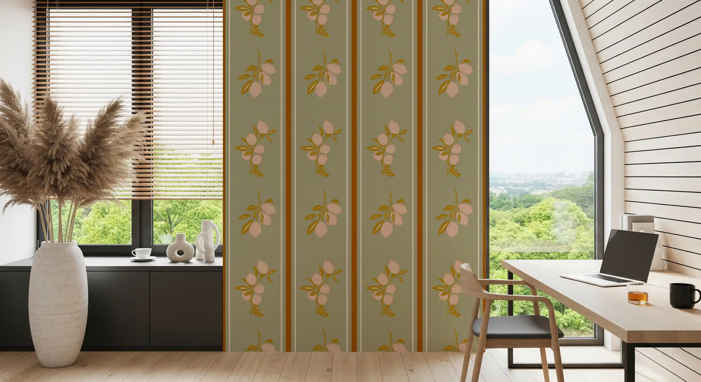 Mediterranean lemon wallpaper with vertical terracotta stripes in study room.