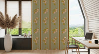 Mediterranean lemon wallpaper with vertical terracotta stripes in study room.