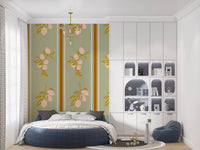Lemon wallpaper with pastel cream fruit on sage green base in kids bedroom.