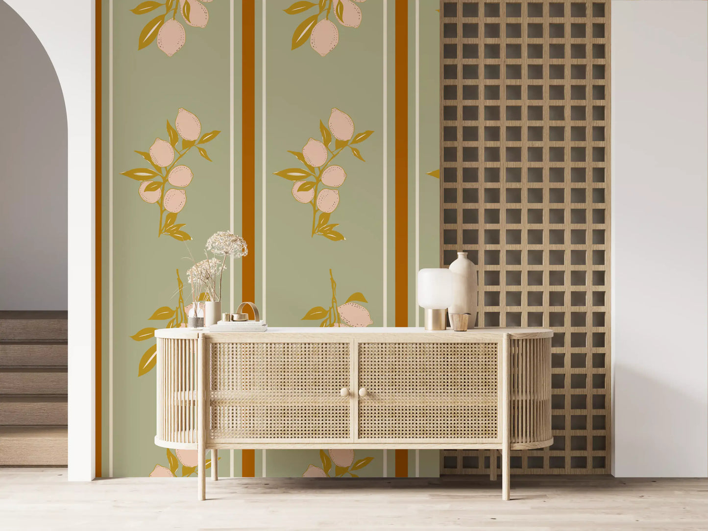 Striped Mediterranean wallpaper featuring lemon branch design.