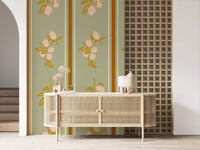 Striped Mediterranean wallpaper featuring lemon branch design.