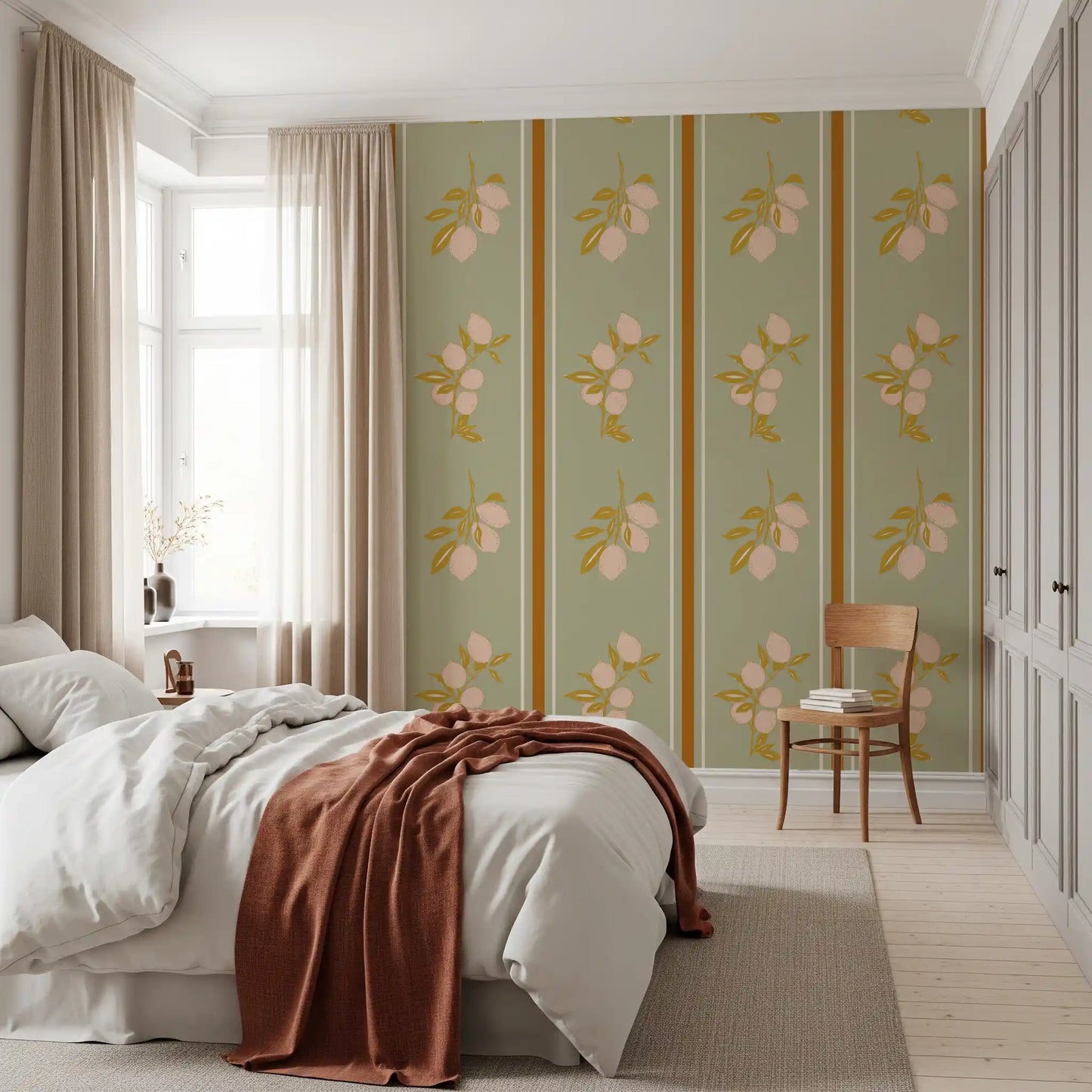 Sage lemon branch wallpaper for a bedroom interior.